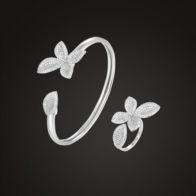 Lanruisha luxe sieraden set plant stereo leaf bangle met ring 3a zirkoon micro pave instelling classic mode-sieraden voor: Rhodium Plated