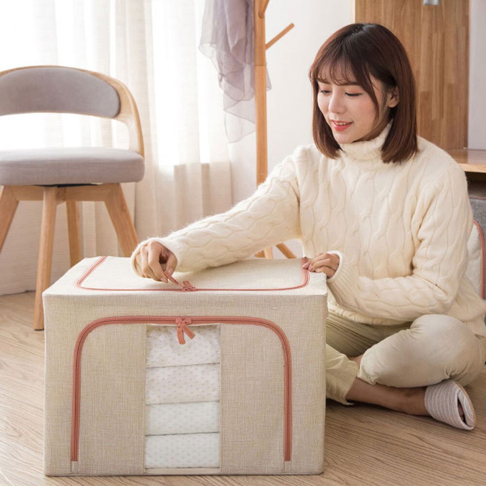 Home Sweater Clothes Storage Box Organizer Zipper Wardrobe Quilt Cotton Linen Portable Large Capacity Folding Steel Framework
