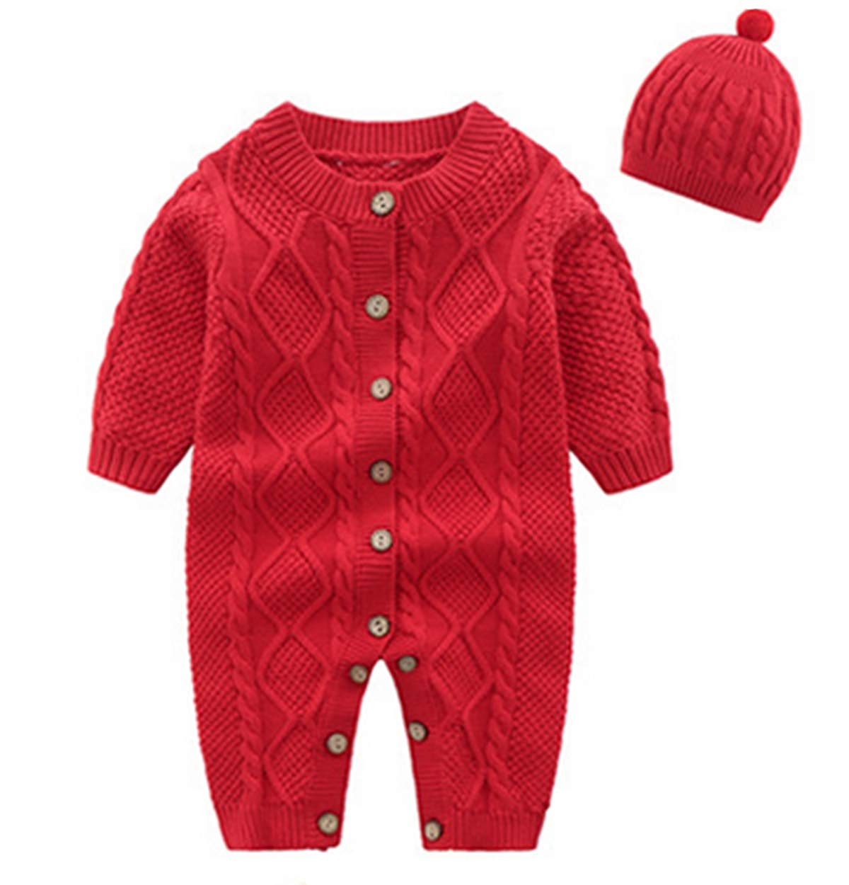 nowo narodzony Dziecko niemowlę chłopcy dziewczyny swetry romper robić na drutach długo rękaw ciepły zima kombinezon stroje ubranie + kapelusz: Czerwony / 12-18 months