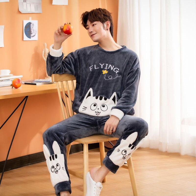 Pijamas masculinos definir outono inverno quente flanela engrossar pijamas masculinos manga longa pijamas topo + calça lazer roupas de casa 5xl
