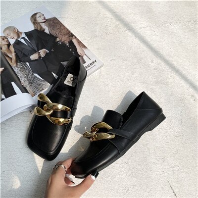 Neue Winter Socofy Plüsch Goldene Kette Leder Wohnungen Schuhe Zehe Slip Auf Frauen Müßiggänger Mokassins: Black / 8,5