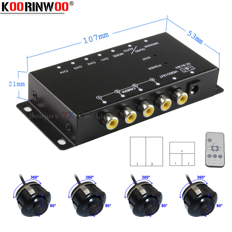 Koorinwoo HD IR control Split 4 Camera Video Systeem Auto Switch Combiner Box Voor CCD Links Rechts Voor Achter view parking Camera