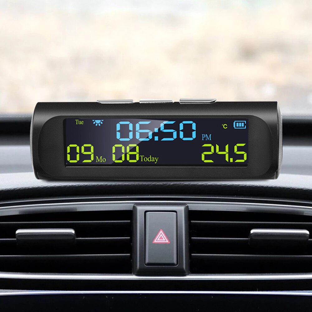 Solar Car Clock Outside Thermometer Driving Time Reminder Automatic Switch No Wiring High-Precision LCD Digital Clock