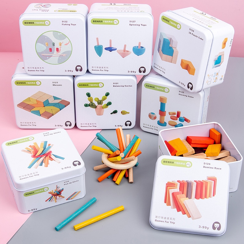 Baby Kinder Erkenntnis Puzzles Spielzeug Kleinkind Eisen Box Passende Spiel 3D Holz Puzzle Puzzle Domino Gyro Sets für Kinder Kognitive
