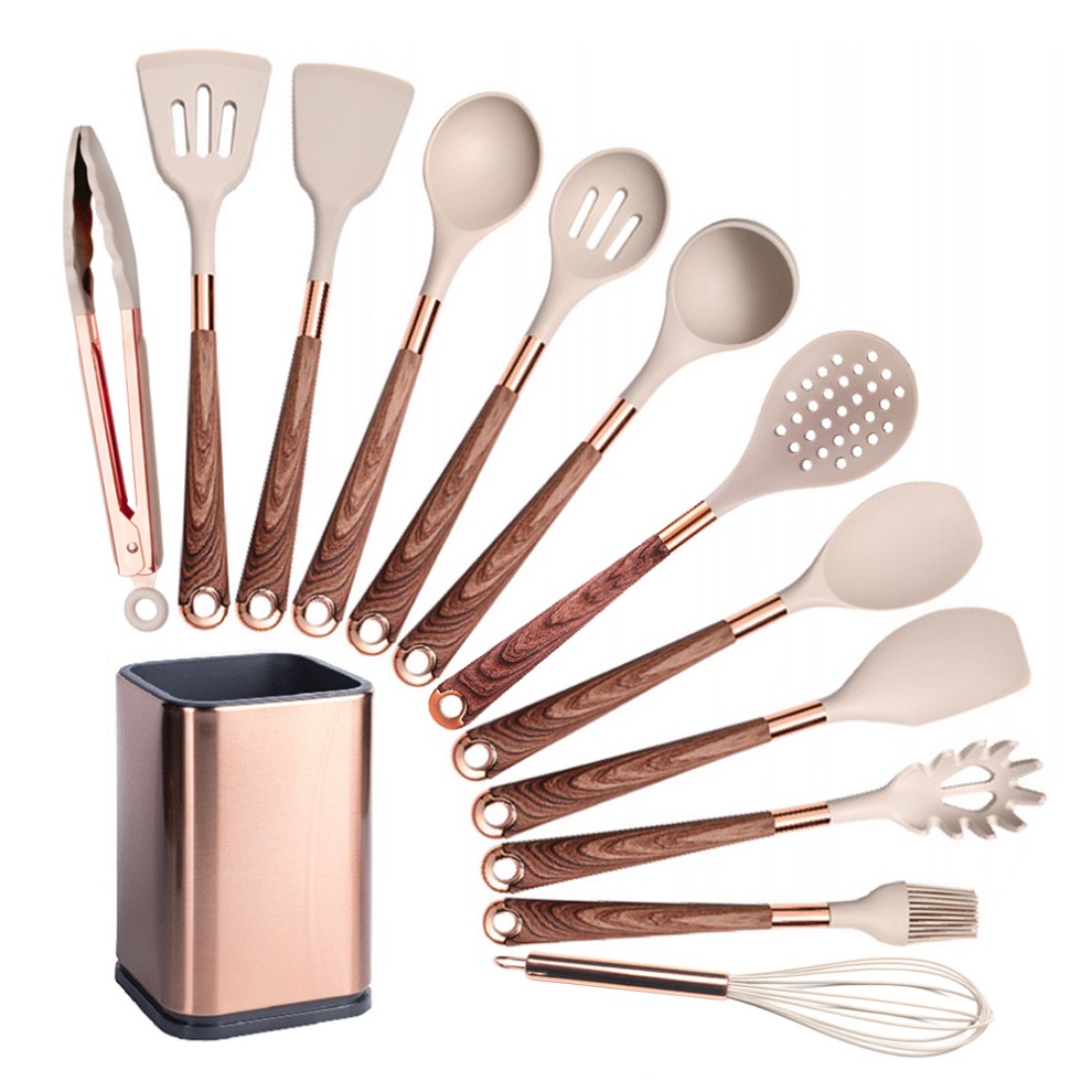 Silicone Cooking Utensils Set Heat Resistant Kitchen Spatula Spoon Non-Stick Tools With Rose Gold-Plated Handle And Holder: plum