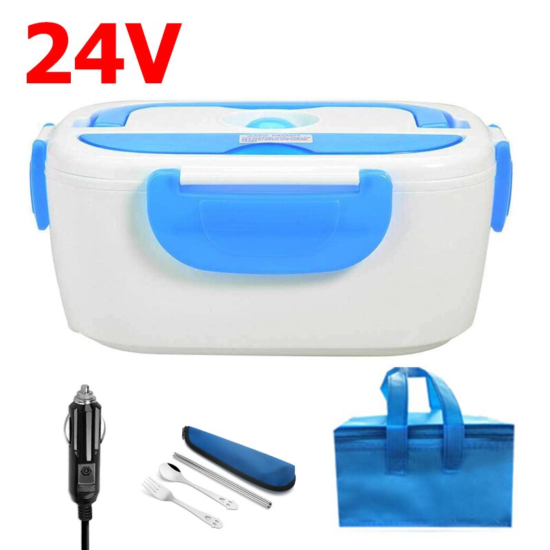 Fiambrera eléctrica de acero inoxidable de 12V y 24V para comida, calentador de comida, contenedor portátil para coche, camión, Picnic, viaje, Bento, caja calefactable: 24V Blue- Bag Set