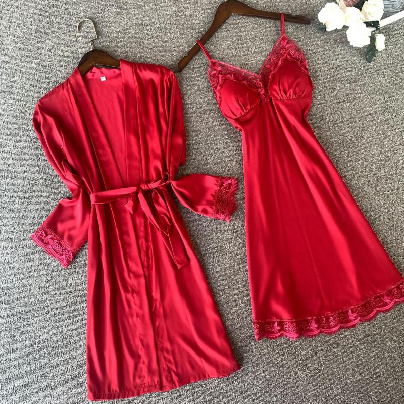 Pink Silk Rayon Nighty&amp;Robe Set Nightgown Sexy Lace Wedding Robe Sleepwear Spring Summer Kimono Bathrobe Gown Loose Home Dress