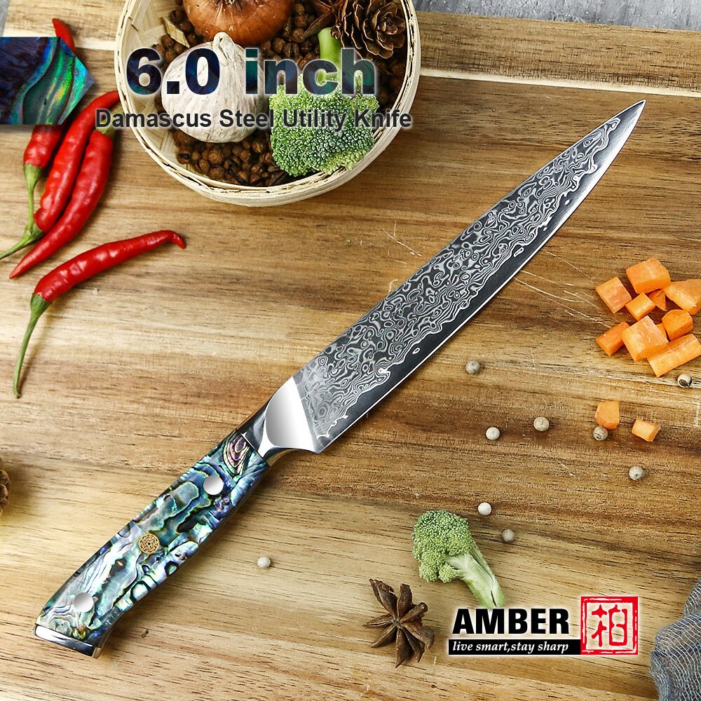 Amber Damascus Mes Professionele Keuken Chef Utility Santoku Steak Uitbenen Cleaver Messen Japanse Mes Abalone Shell Handvat: Utility