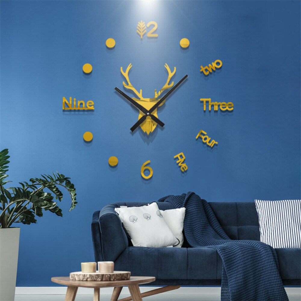 3D Acrylic Digital Deer Wall Clock Roman Numerals Large Round Wall Clock DIY Self Adhesive Living Room Clocks Stickers