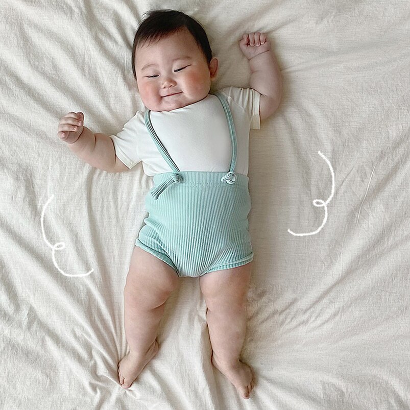 Pagliaccetto con cinturino a costine in tinta unita per abbigliamento per ragazzi tuta per bambini traspirante in cotone estivo per bambino: blue / 18 to 24 Months