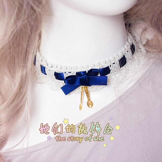 A mano hecho a mano diy suave chica Harajuku encaje cuello collar Lolita hecho a mano collar de estilo japonés gótico Adorable collar de las mujeres: Dark Blue White Lace