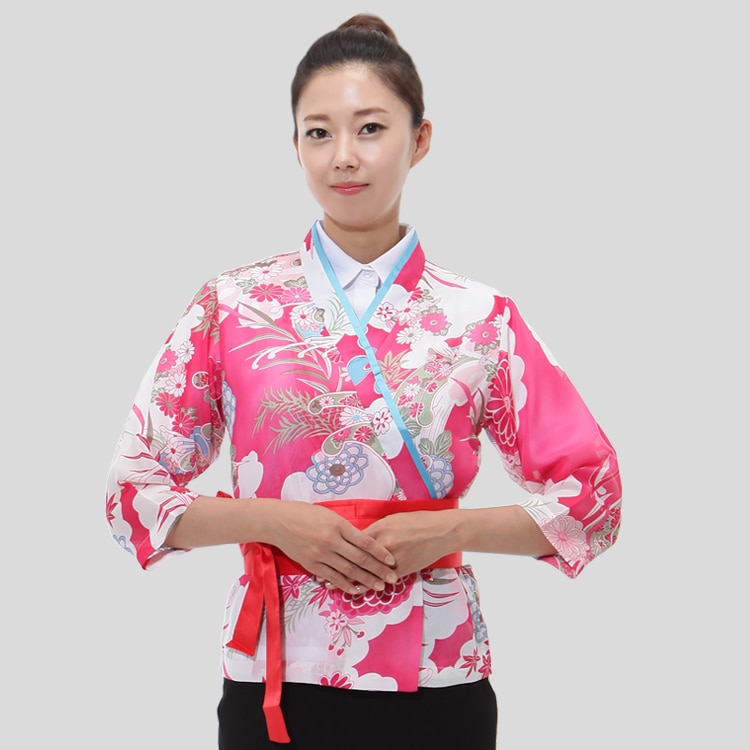 Traje de cocina japonesa para mujer, uniforme tipo kimono de servicio de restaurante, uniforme Ropa de Trabajo camarera chef con estampado