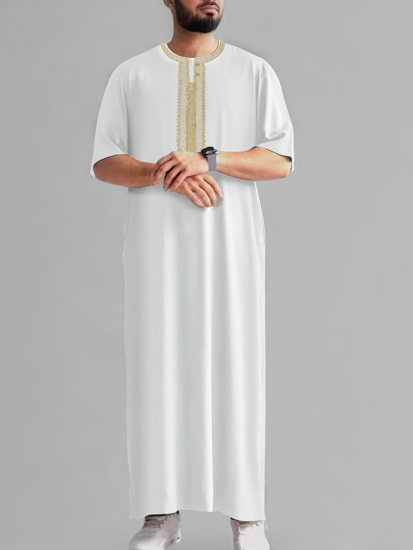 2025, geborduurde traditionele mannen boubou jalabiyas jubbah moslim mannen thobe Marokko thobes islamitische kleding Ramadan gewaad: XXL / WHITE