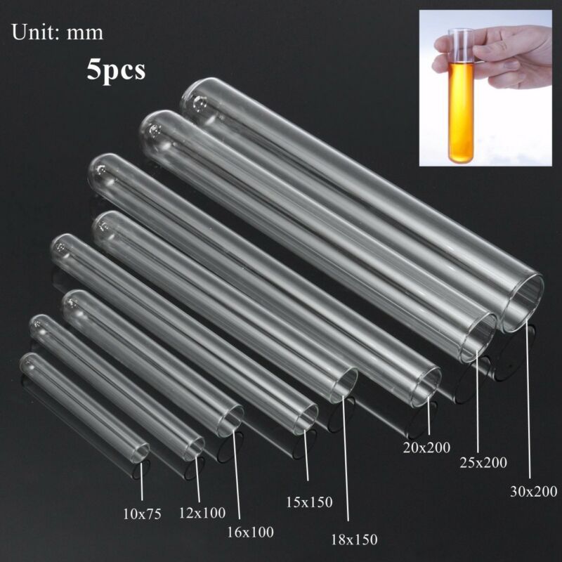 Tube à essai en verre transparent, fond en forme de U en borosilicate, fournitures scolaires de laboratoire, 10mm-30mm, 5 pièces