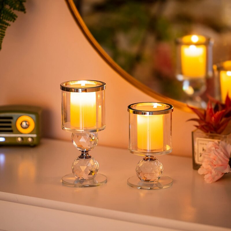 Crystal Glass Pillar Candle Holder Clear Glass Candle Holder with Glass Covers for Table Centerpiece Decoration
