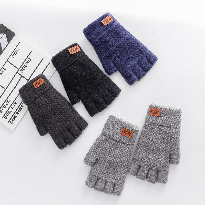Winter Vingerloze Handschoenen Voor Mannen Half Vinger Writting Office Gebreide Alpaca Wol Warme Lederen Label Dikke Elastische Rijden Handschoenen