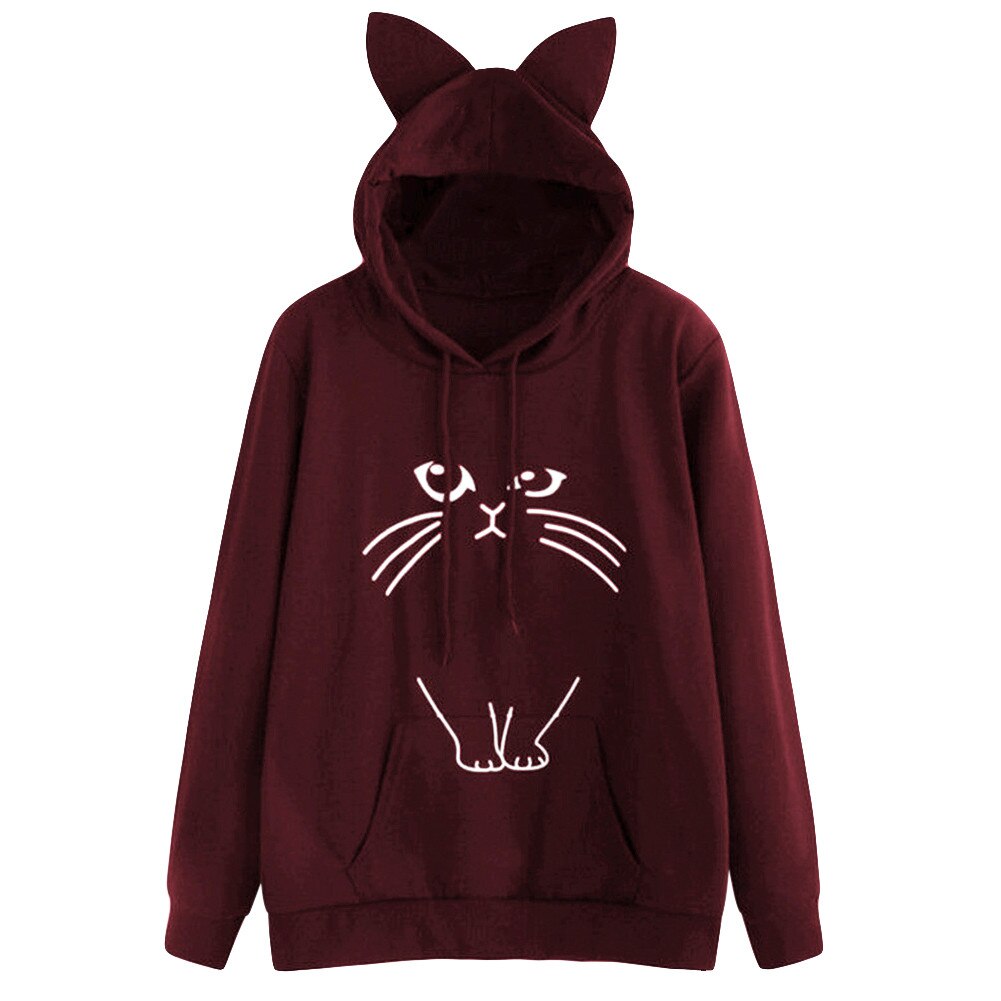 Snygga hoodies rosa varm kattmönster bekväm långärmad huva med huva för kawaii sweatshirt gravid #295800: Vin, röd / Xxl