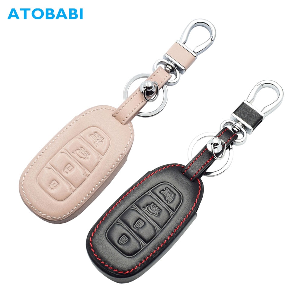 Funda de cuero para llave de coche Hyundai Kona Santa Fe TM 4 botones Smart Prox sin llave cubierta de mando de llave a distancia llavero Protector