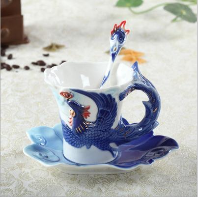 Enamel Porcelain Dragon Phoenix Coffee Cup Dragon Mug Tableware Set: phoenix 3