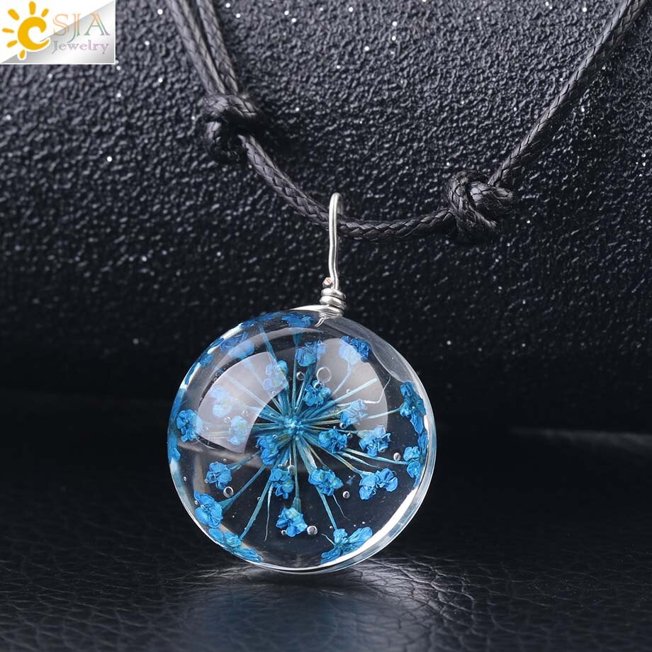CSJA Decorativo di Modo di Fiori Secchi Collane & Pendenti con gemme e perle di Vetro Palla A Secco Pianta Pendente Corda di Cuoio per le Donne di Fascino Dei Monili F586: Blue