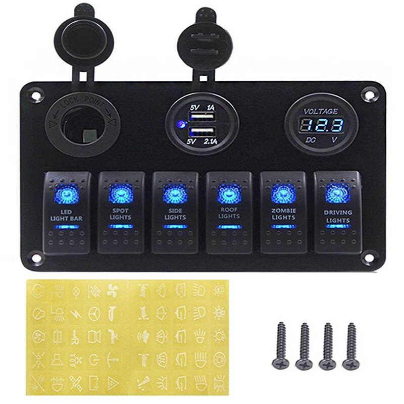 6/8 Gang interrupteur à bascule panneau pour voiture bateau RV Marine camion fusible panneaux étanche voltmètre numérique double USB chargeur Ports DC 12V: Blue 6 Gang Switch