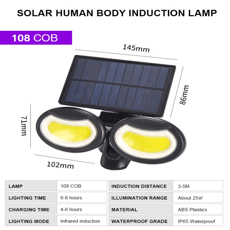 5.5V Wireless Wall Mounted Solar Lights Outdoor Motion Sensor Rechargeable Security Lights Flood LED Courtyard Garden Lamp: 108LED