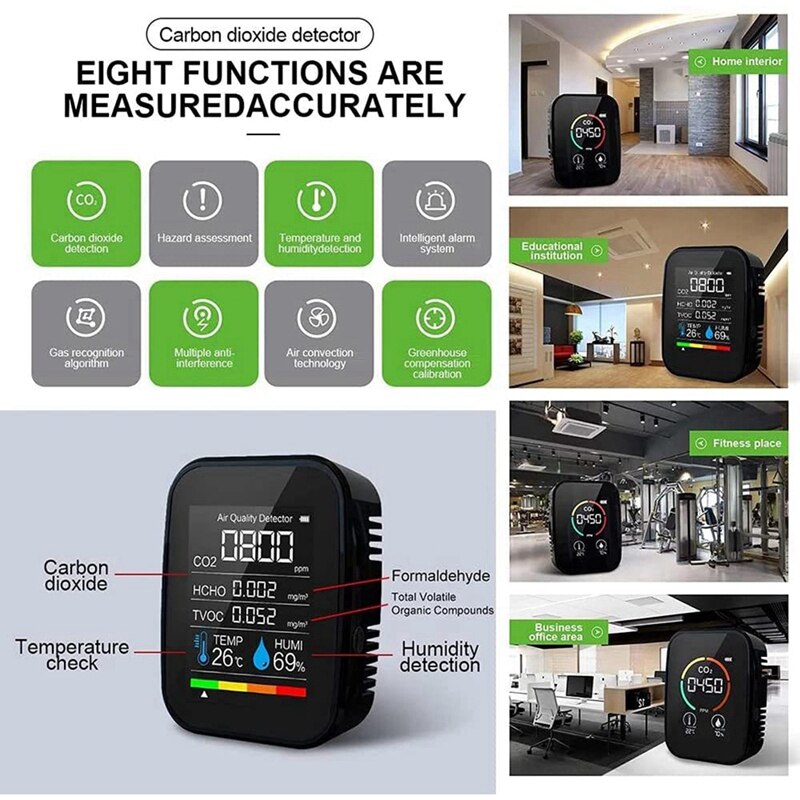 5 In1 Air Monitor CO2 Meter Digital Temperature Humidity Sensor Tester Carbon Dioxide TVOC HCHO Detector