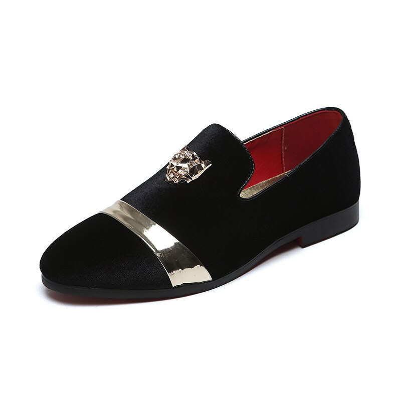 Heren casual schoenen gouden bovenkant en metalen neus instappers comfortabele herenschoenen lente herfst fluwelen schoenen voor heren: Zwart / 12