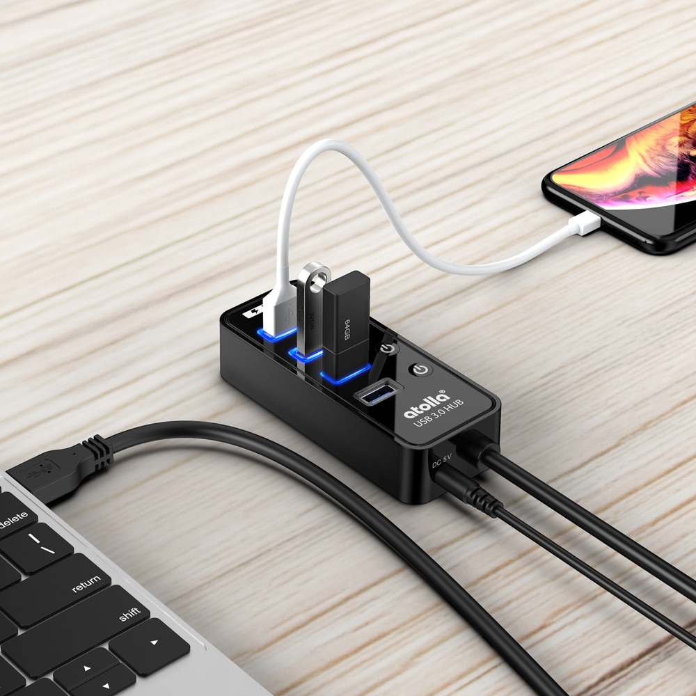 Atolla Usb 3.0 Hub Met Power Adapter, 4 + 1 Data-overdracht En Opladen Multipoort, high-Speed 5Gbps Usb Splitter Voor Macbook Air