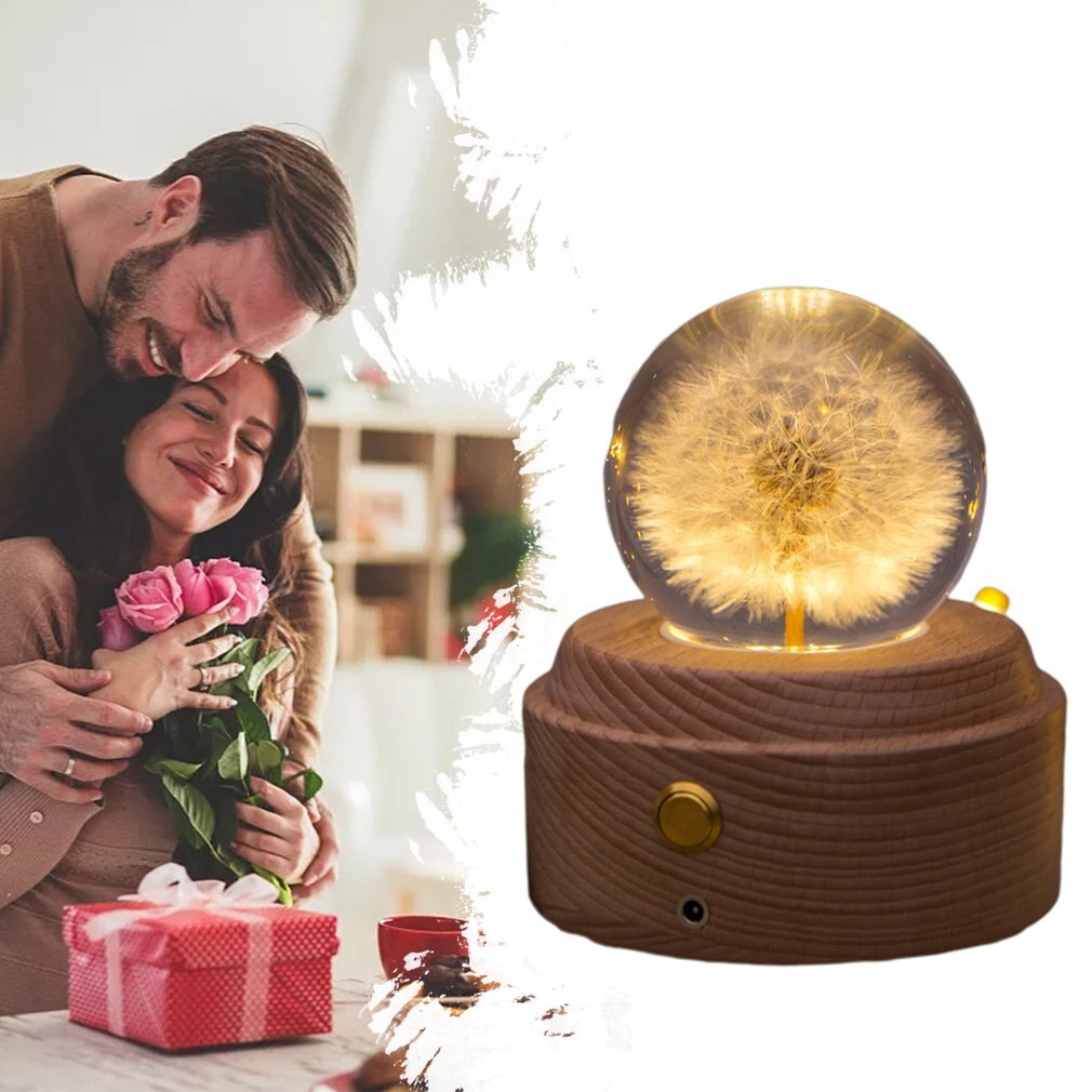 Luminous Dandelion Crystal Ball Music Box Birthday Eternal Flower Music Box Wooden Base Music Box