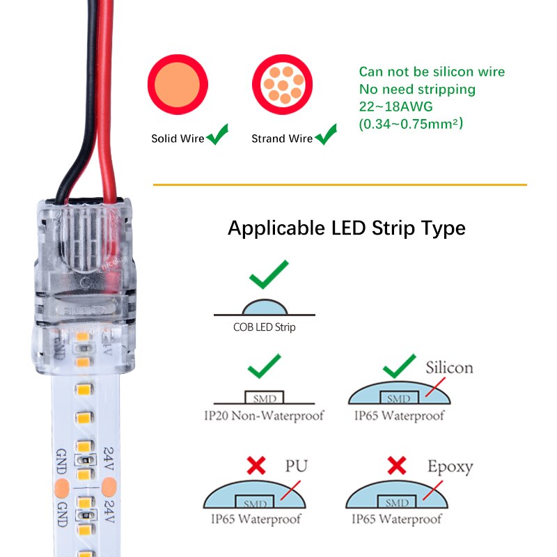 Cob højdensitets led strip strip til 2 pin  ip20 5050 3528 smd 144 240 300 512 leds fob stik 8mm 10mm 12mm enkelt farve