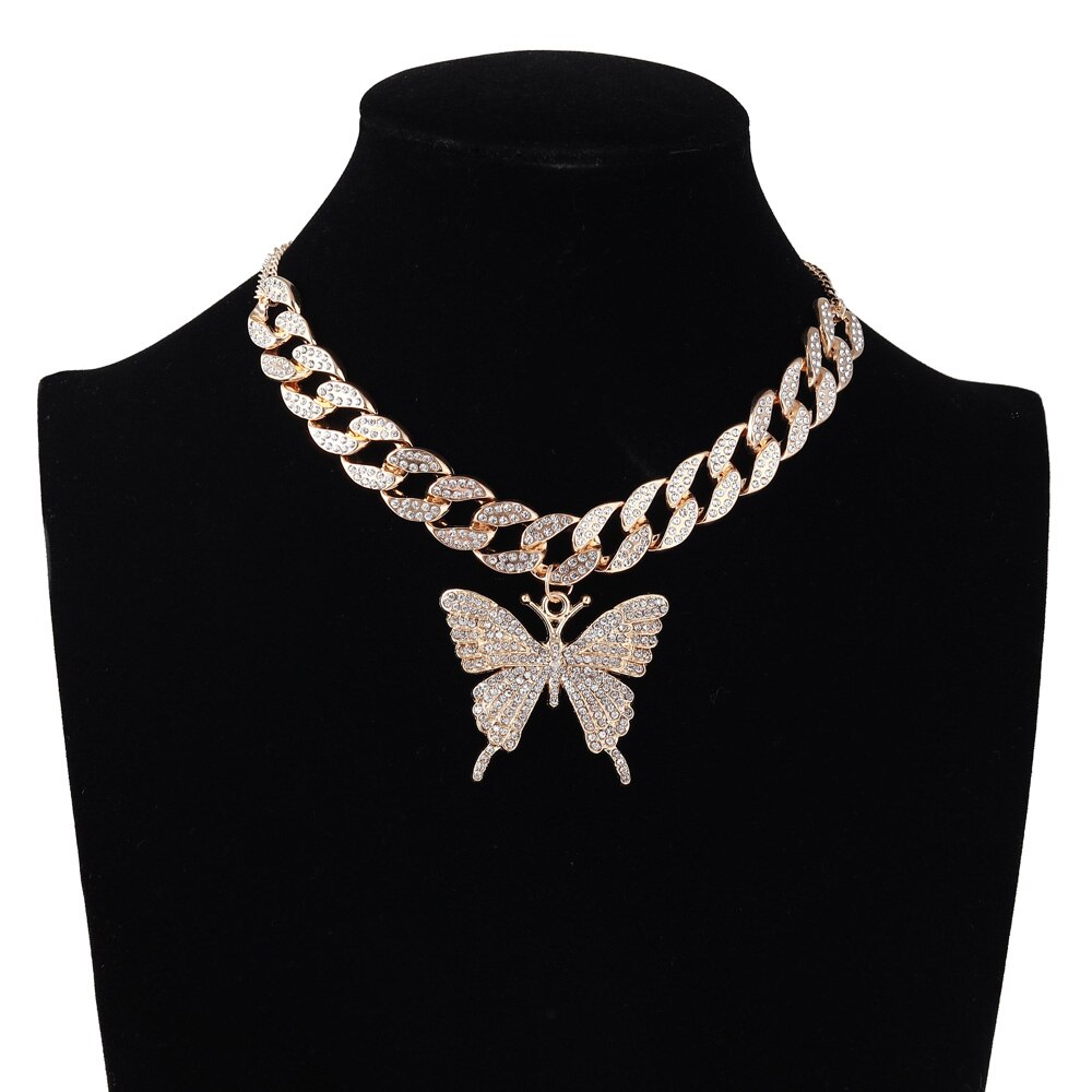 Collar de cadena de mariposa de eslabones cubanos, cadena con diamantes de mariposa, Gargantilla para mujer, joyería de hip hop, accesorios de joyería de hielo: gold color