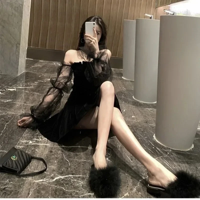 Black Retro Dress Women Lace Chiffon Mini Dress Female High Street Sexy Korean Women Club Dress