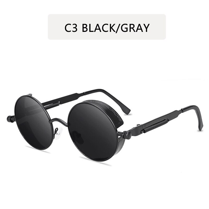 Klassisk gotisk steampunk stil runde solbriller mænd kvinder mærke retro runde metalstel farverige linse solbriller: C3