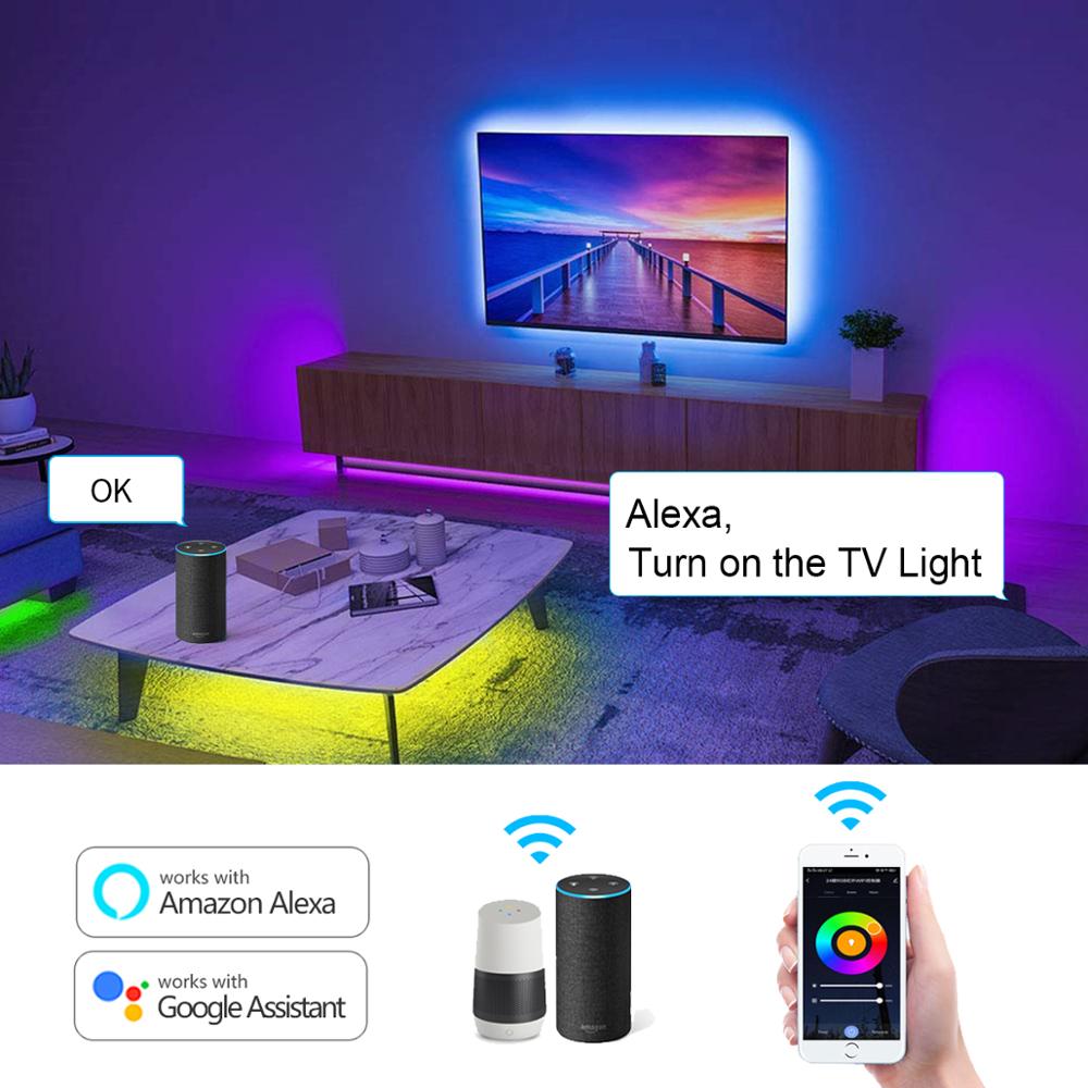 Wifi tuya smart musik led strip lys tv baggrundsbelysningssæt med alexa google home 5050 rgb dæmpbar 5m 10m 15m dc 12v stemmestyring