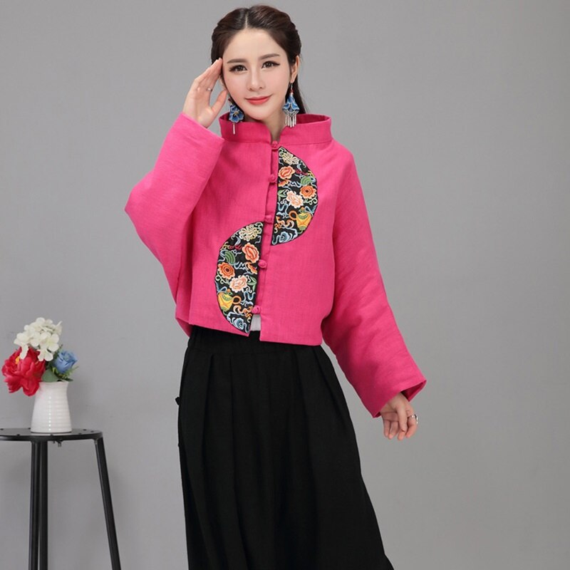 Ropa de estilo chino para mujeres, chaqueta Retro con bordado rojo, chaqueta femenina, blusa Ethinc, Tops chinos para mujeres FF2540: 2 / L