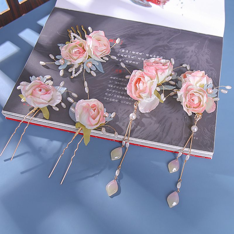 Vintage Chinese Bloem Haaraccessoires Voor Vrouwen Hanfu Roze Haarspeld