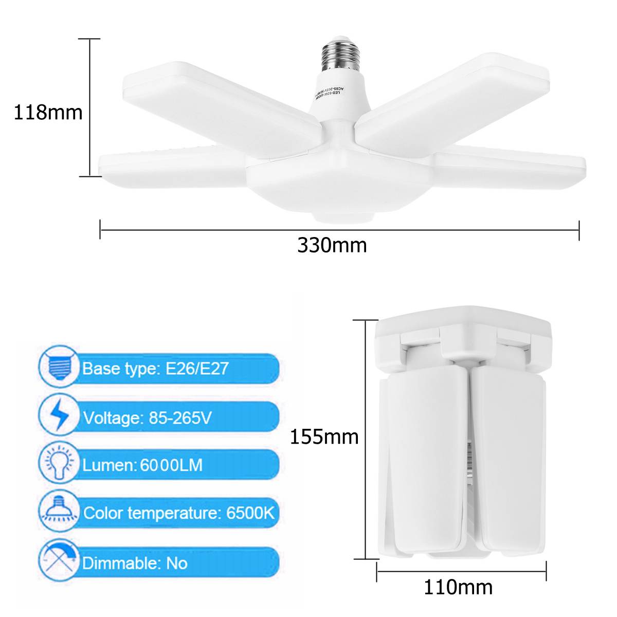 Bright Industrial Lighting 60W LED High Bay Light Garage Lamp E26 6500K Five-Leaf Deformation For Home Warehouse Workshop