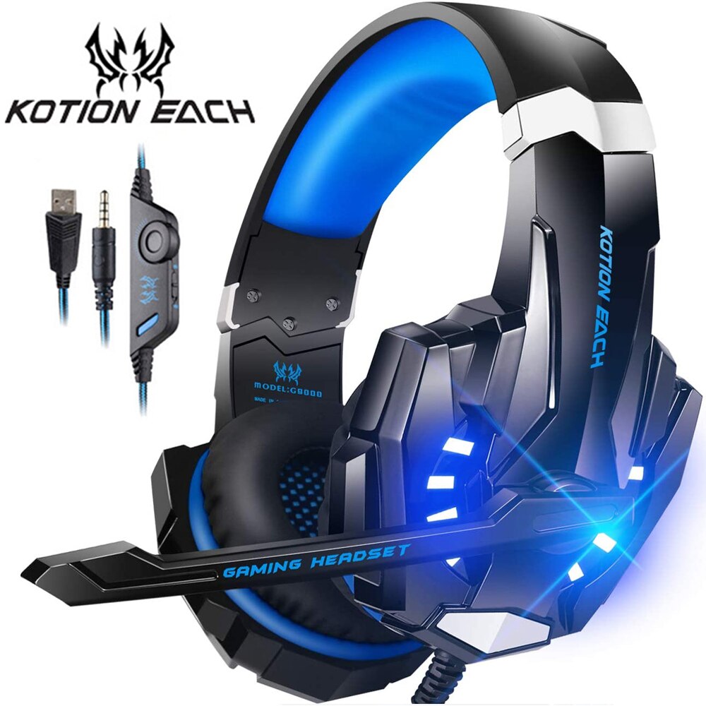 KOTION chaque Casque de jeu Casque basse profonde stéréo jeu Casque avec Microphone lumière LED pour PS4 ordinateur portable PC Gamer: G9000 Blue