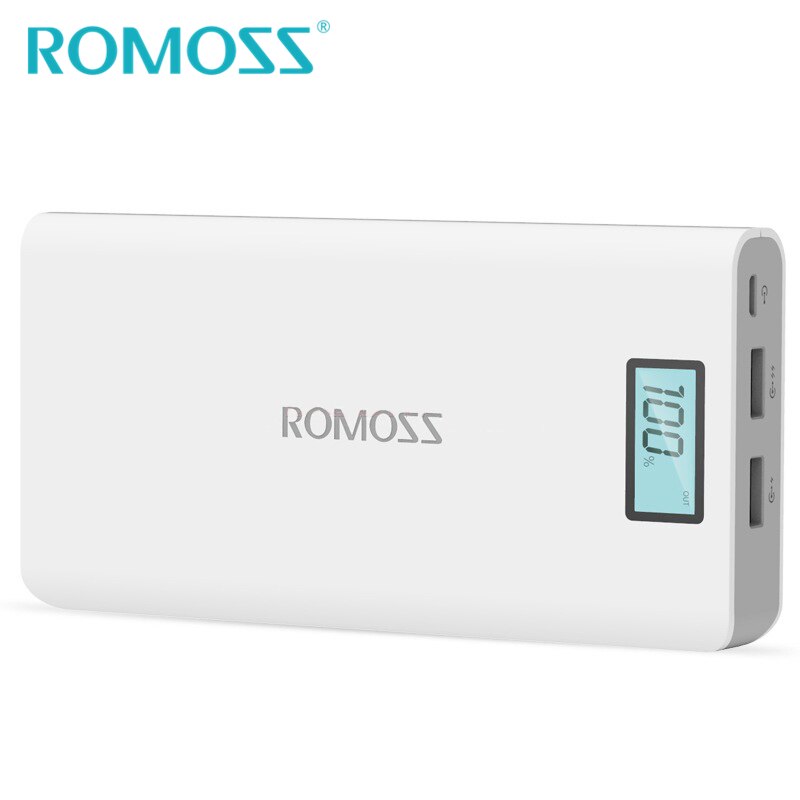 Romoss power bank 20000 mah sense 6 plus 18650 eksternt batteri backup power 2 usb output telefon oplader