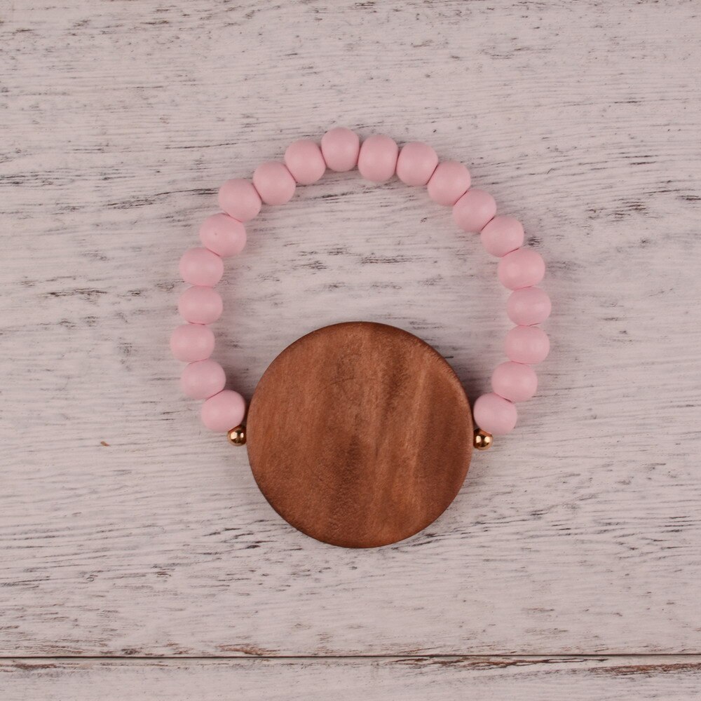 Bracelet de perles en bois blanc 8mm, , grand disque, monogramme, élasticité, bijoux pour femmes et hommes, 2022: pink