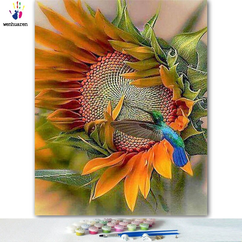 DIY Colorings Pictures By Numbers With Colors The Bird On The Sunflower Picture Drawing Painting By Numbers Framed Home
