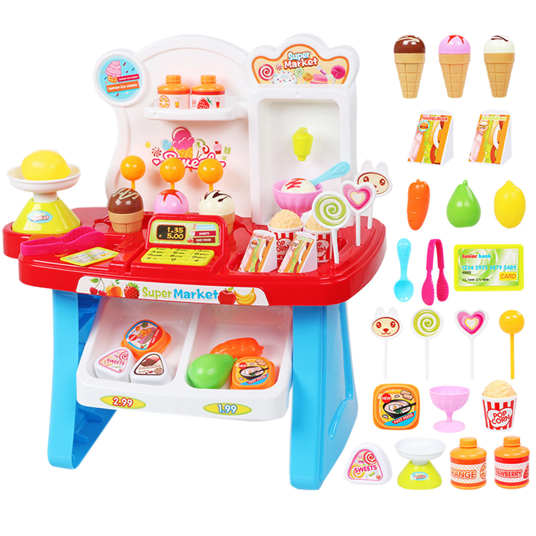 34 stk / sæt børn mini supermarked legesæt foregiver shopping marked legestand dagligvarer legetøj med lys og lyd - blå / lyserød: Blå