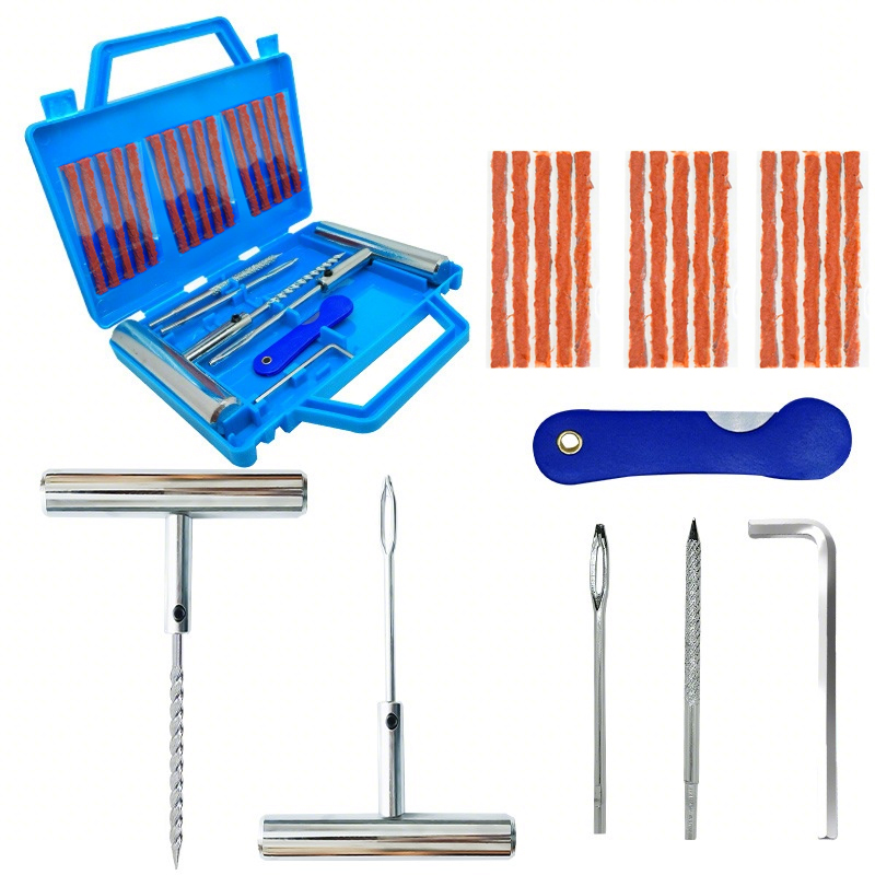 Zestaw narzędzi robić naprawy opon samochodowych, narzędzia robić naprawy przebić opon, konserwacja samochodowa, gumowe paski, kołki, korki, akcesoria robić naprawy opon rowerowych i motocyklowych.