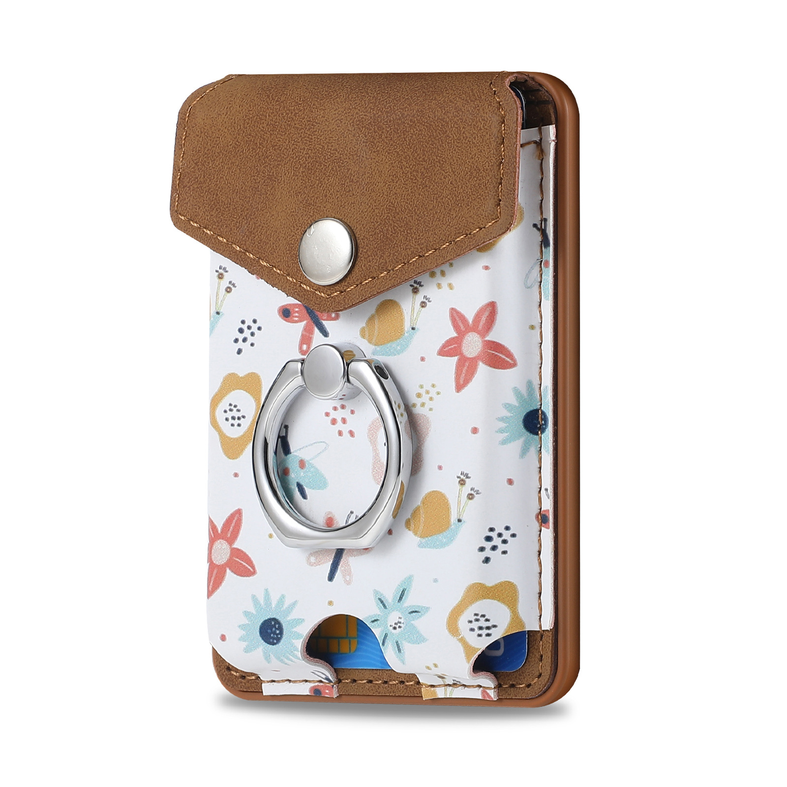 Floral Pattern Magsafe Wallett Card Holder Removable Silicone Security Box Card Holder with Bracelet Holder for Iphone Apple: Brown