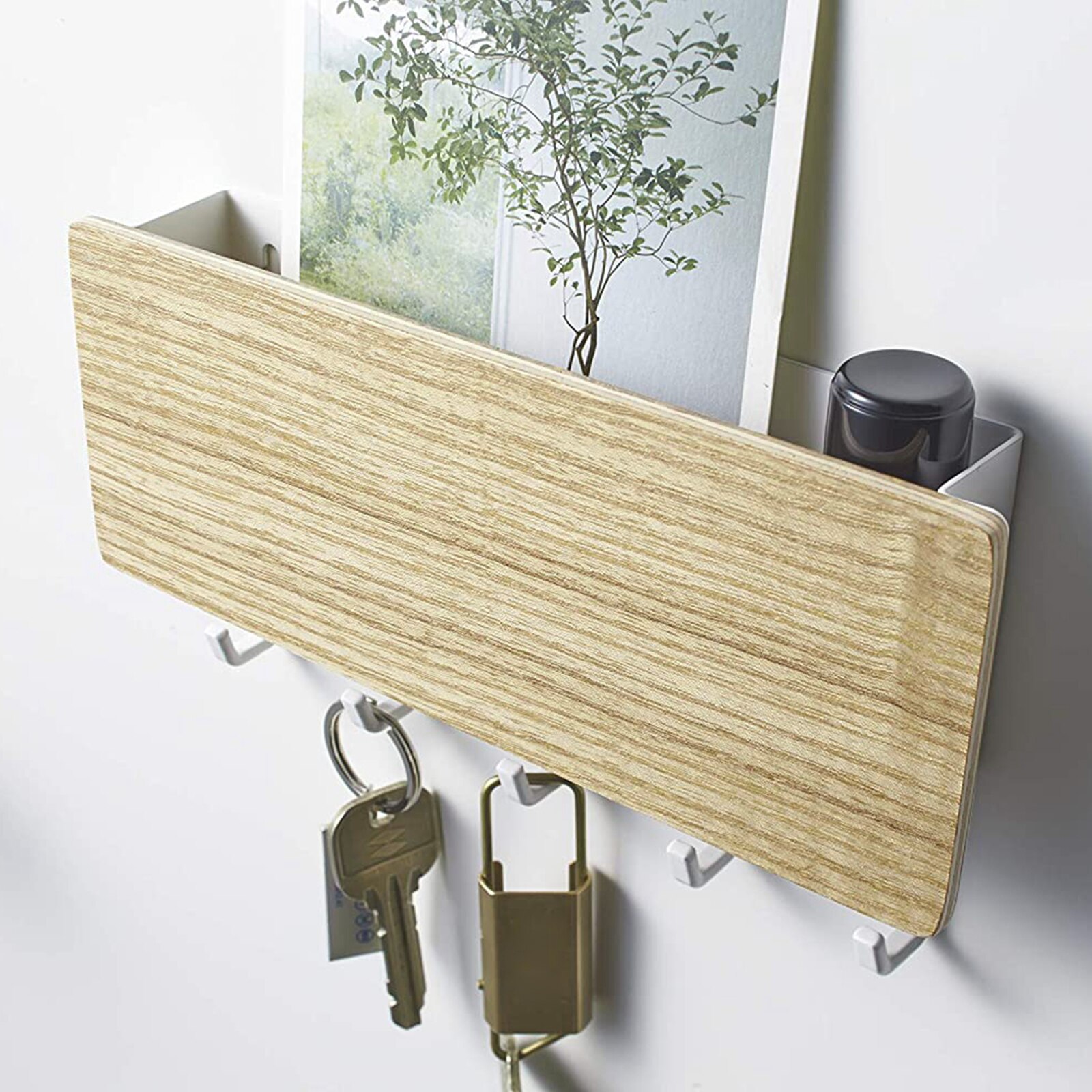 Wall Hook Dog Leash Key Holder Mail Organizer Storage Shelf for Coat Hat Bag Key: Natural Wood