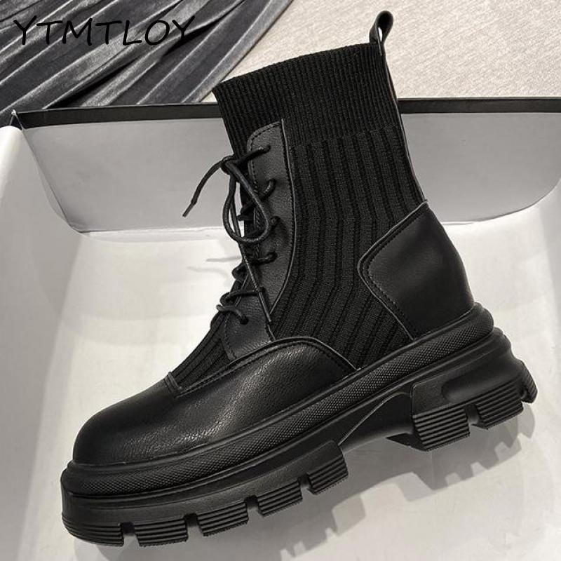 Autumn Winter Women Shoes British Style Handsome Wild Black Pu Basic Lace-up Round Toe Boots Cross-tied