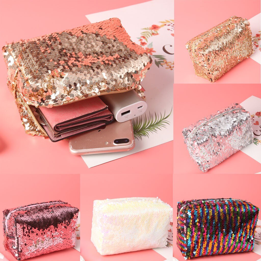 Women's Outdoor Bag Trend Short Solid Color Leather Sequin Pencil Case Jelly Bag For Ladies Cosmetic Bag#P30