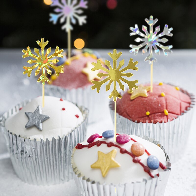 50 stuks sneeuwvlok cupcake toppers taartvlaggetjes voor kerstversiering, bruiloft, verjaardag, babyshower benodigdheden