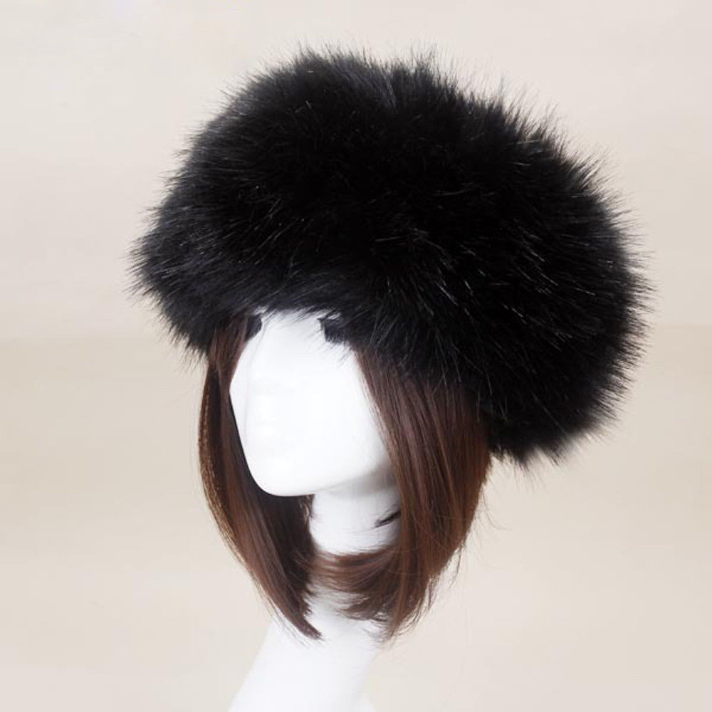 Winter Thick Furry Hairband Fluffy Russian Faux Fur Women Girl Fur Headband Hat Winter Outdoor Earwarmer Ski Hats: Black